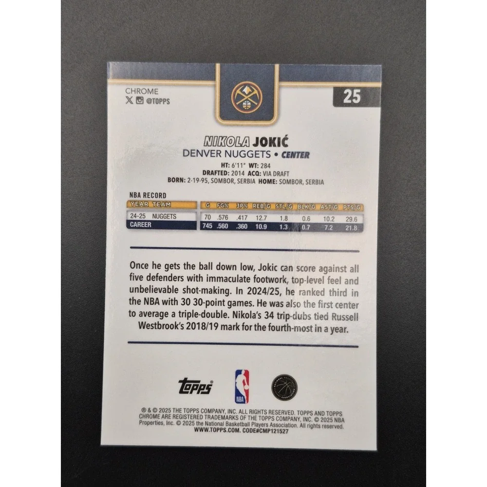 2025-26 Topps Chrome Nikola Jokic #25 Red White and Blue Refractor Denver
